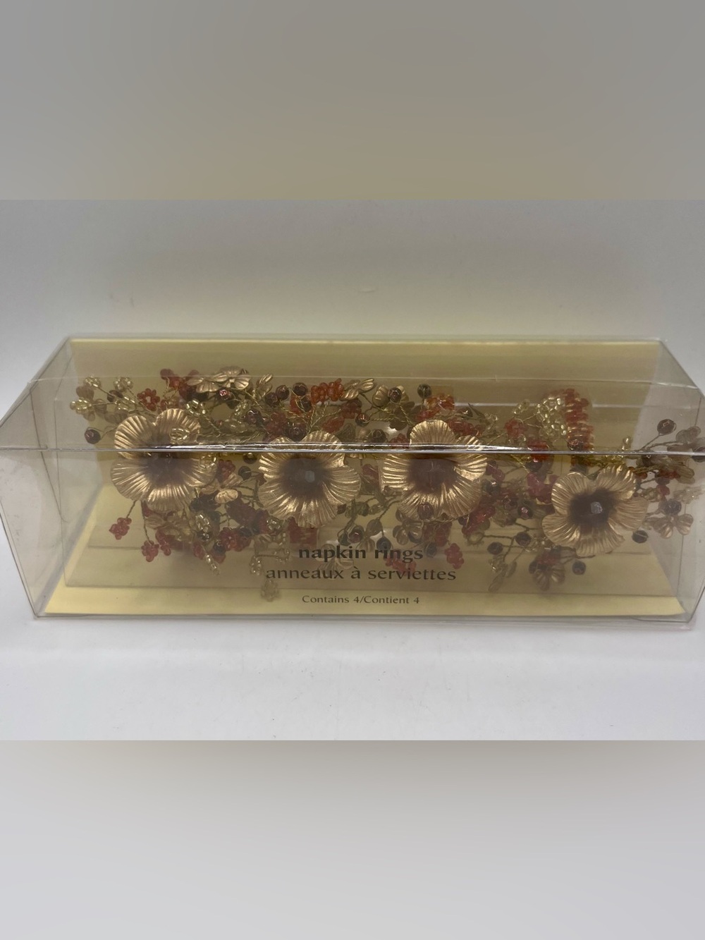 Pier 1 Imports Napkin Rings Gold Metal Floral Red Beads